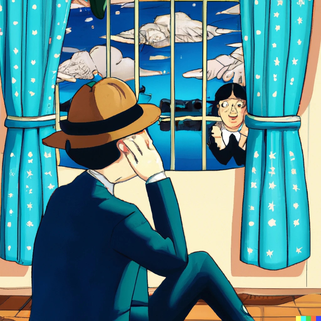Prompt: Collaboration between Ghibli Studio and Rene Magritte