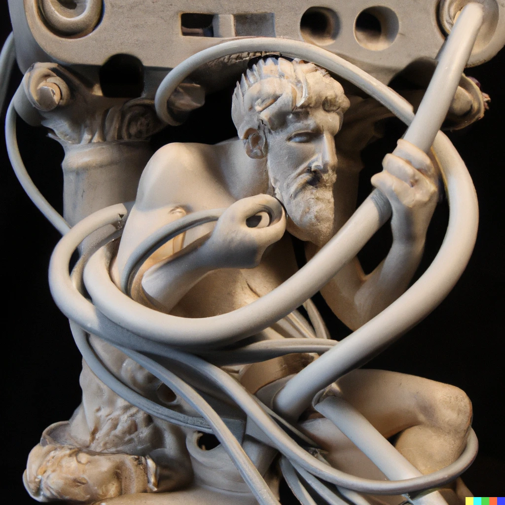 Prompt: An IT-guy trying to fix a hardware of a PC tower is being tangled in the PC cables like Laocoön with sea serpents. Marble, copy after an Hellenistic original from ca. 200 BC. Found in the Baths of Trajan, 1506.