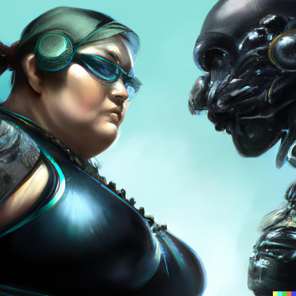 Prompt: detailed concept art of a armoured cybernetic masked female soldier fighting against a very obese drug lord, dystopian future, cyberpunk, artstation, hyperrealism