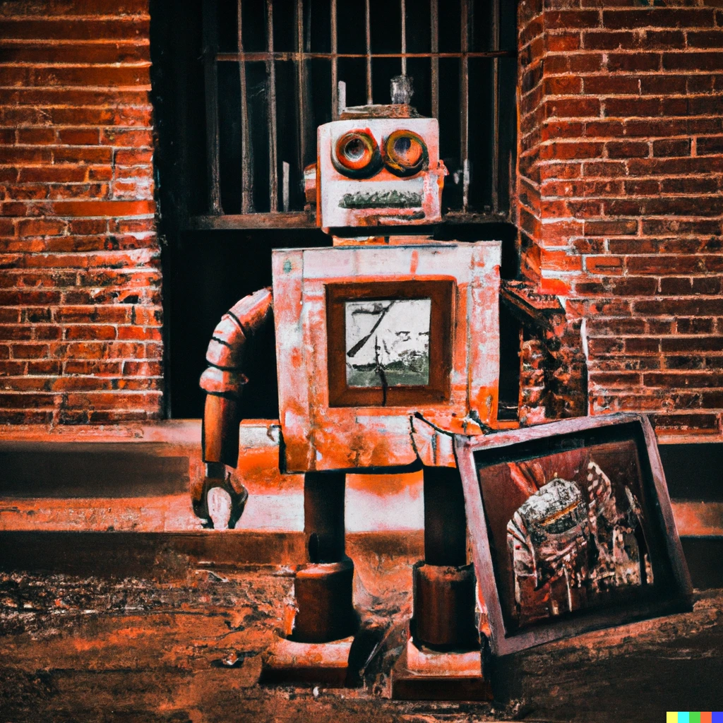 Prompt: A rusted old robot showing up in court one day claiming to be the true author of my artwork.