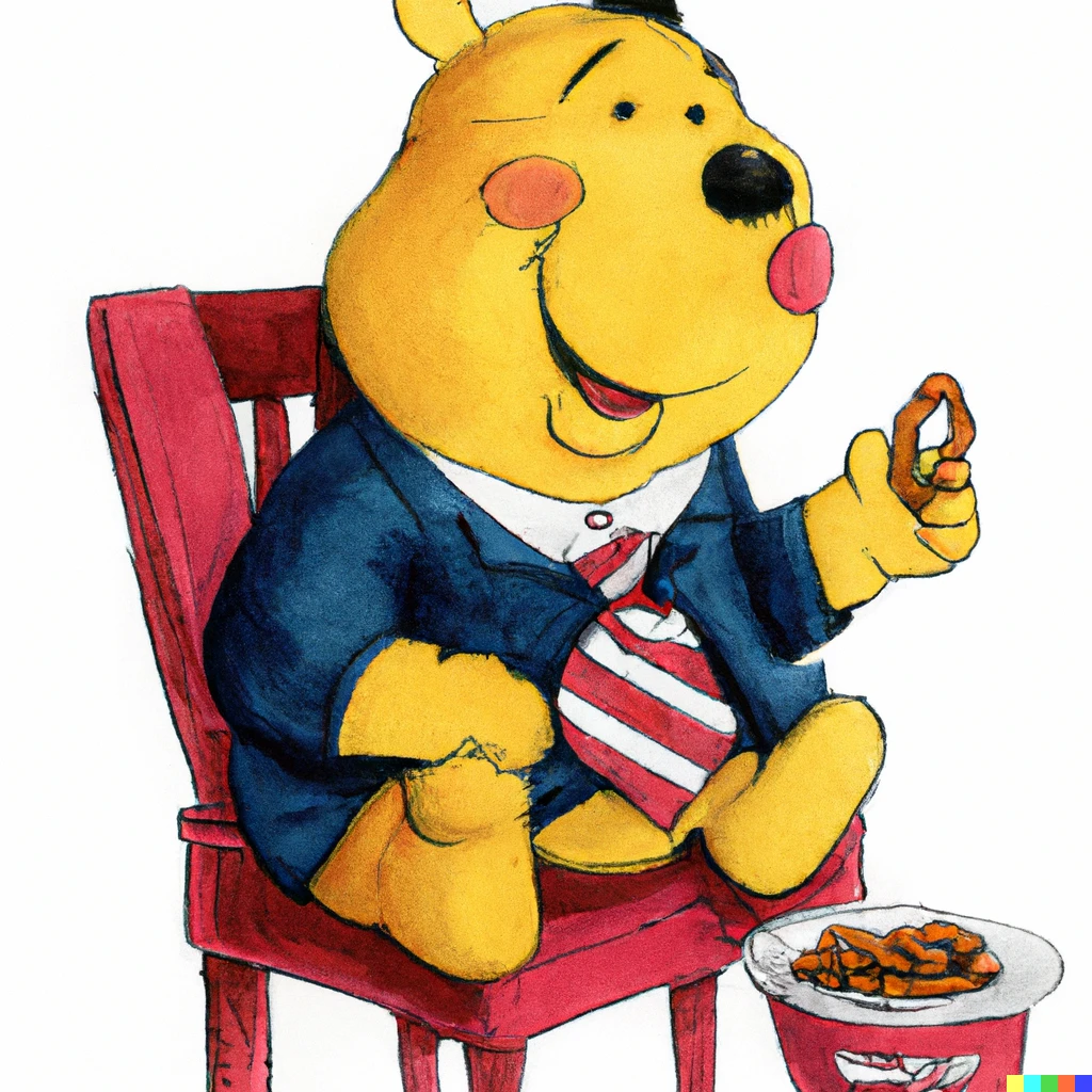 Prompt: Winnie the Pooh as American president, eating pretsels.