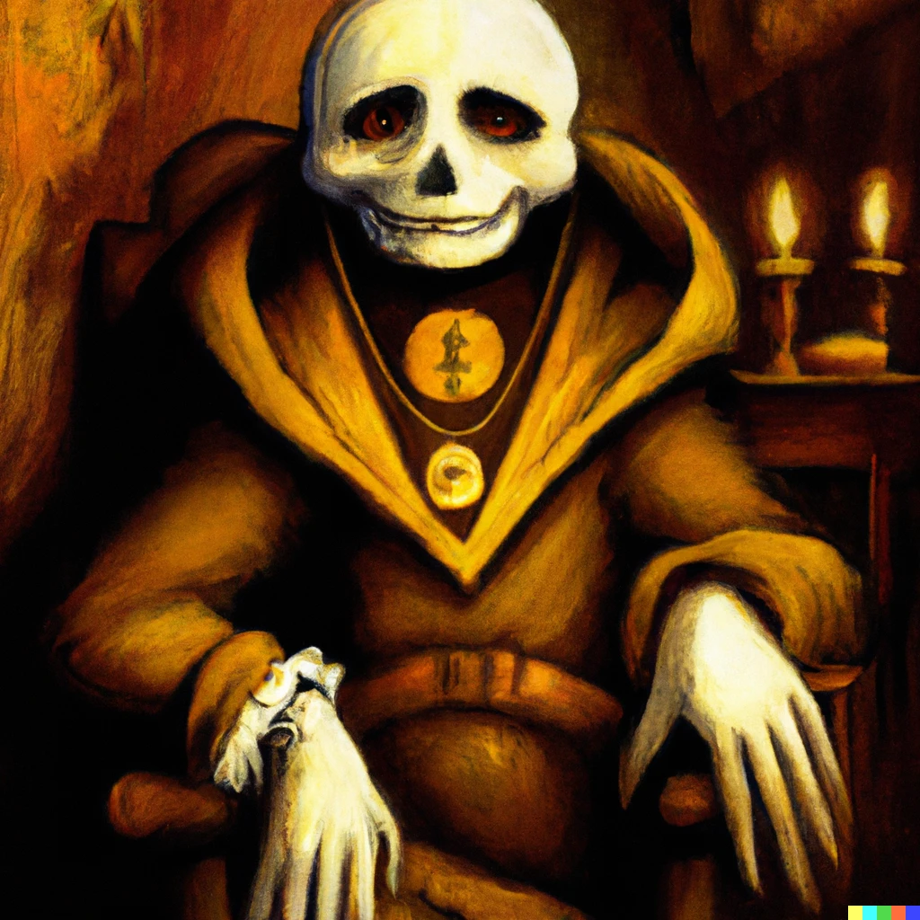 Prompt: Undertale Sans, an oil painting, in the style of da Vinci.