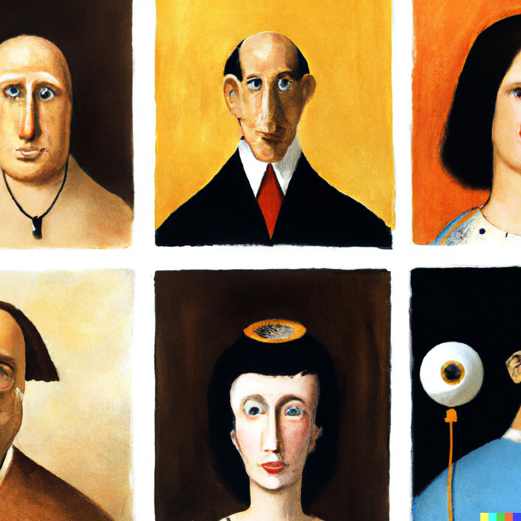 Prompt: Portraits of the same face, created by Dalí, Magritte, da Vinci, Chagall and Klimt.