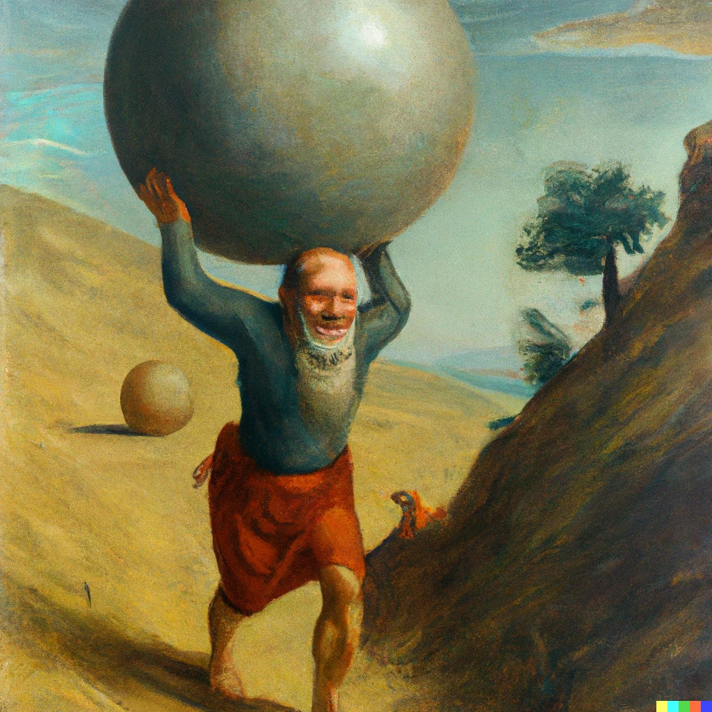 Prompt: Sisyphus as a happy man according to Albert Camus, an oil painting in the style of da Vinci.