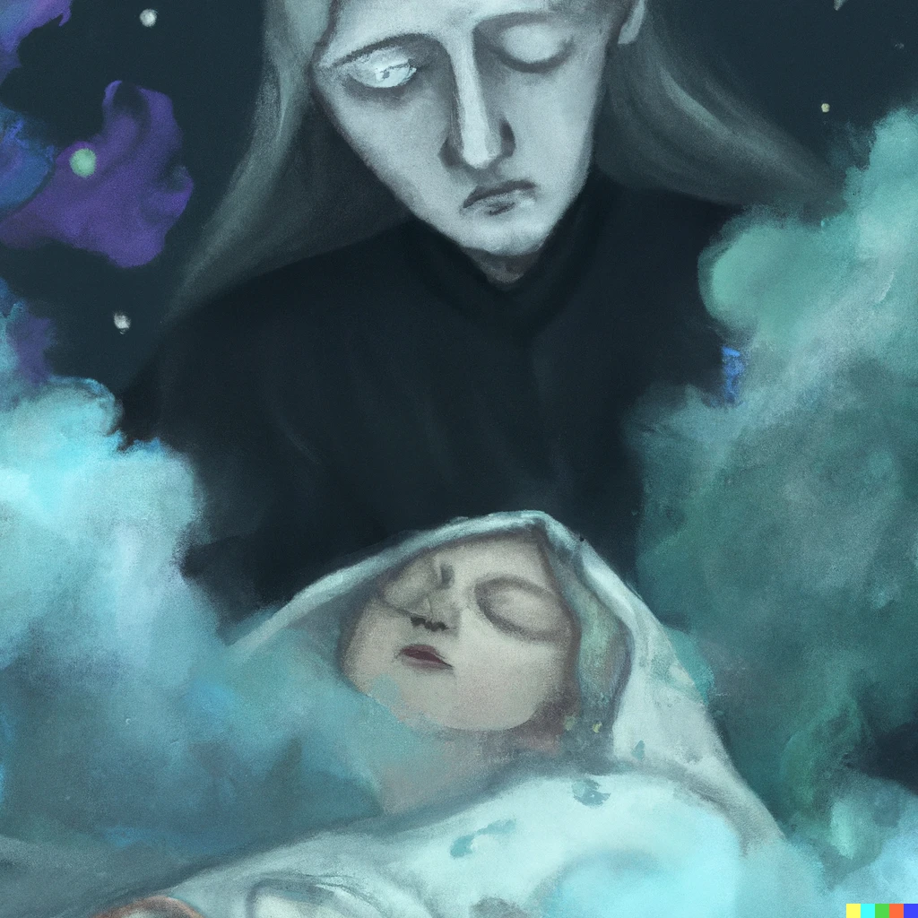 Prompt: the ghost of a mother watching over her son from the afterlife, digital art
