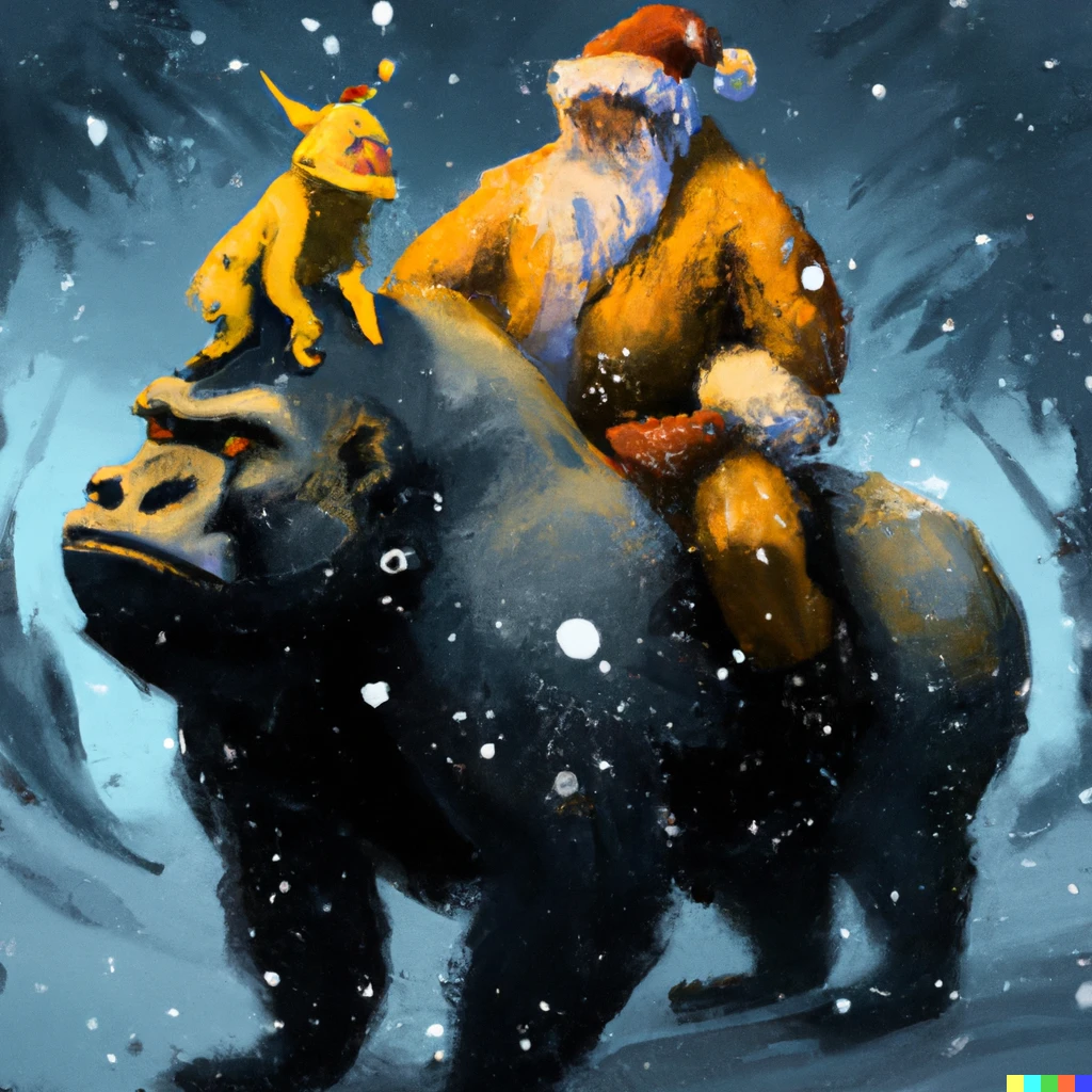 Prompt: A yellow santa riding a gorilla with horns at winter, digital art
