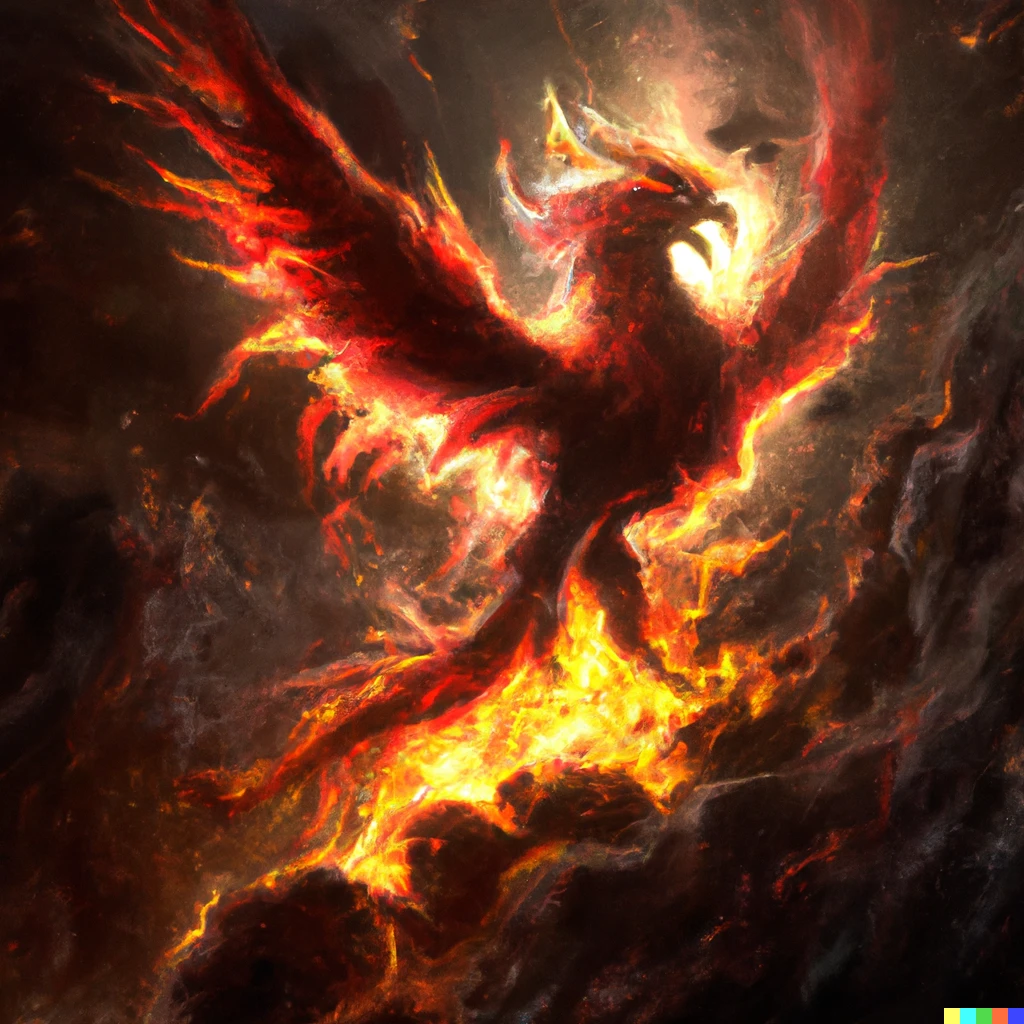 Prompt: phoenix rising from burning ashes, digital art