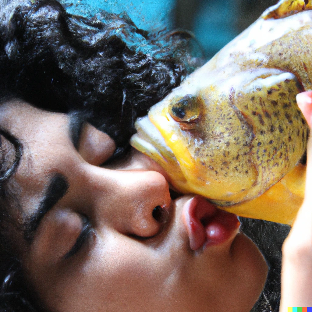 Prompt: humano besando apasionadamente a un pez