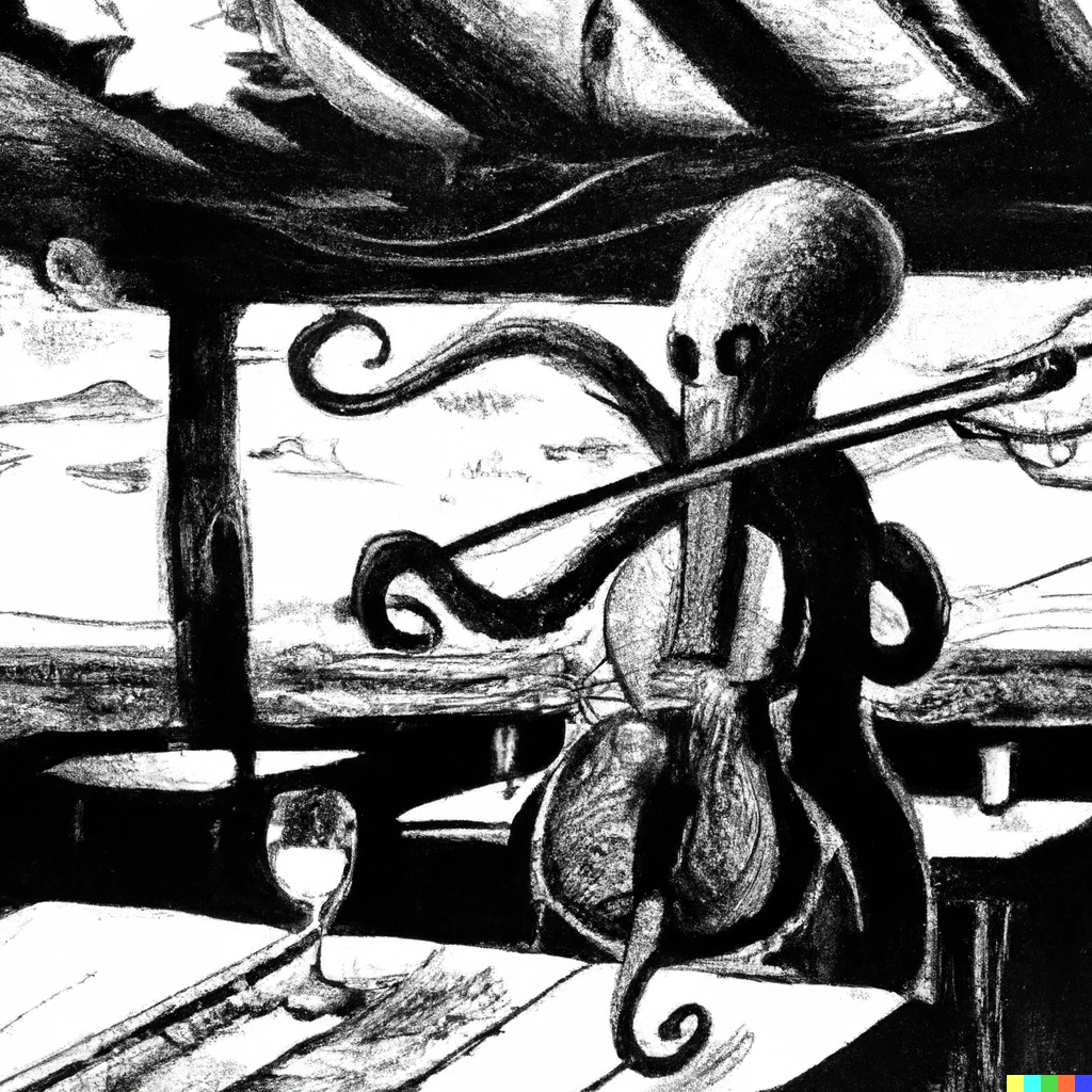 Prompt: A octopus playing violin in charcoal style at bar close to the sea