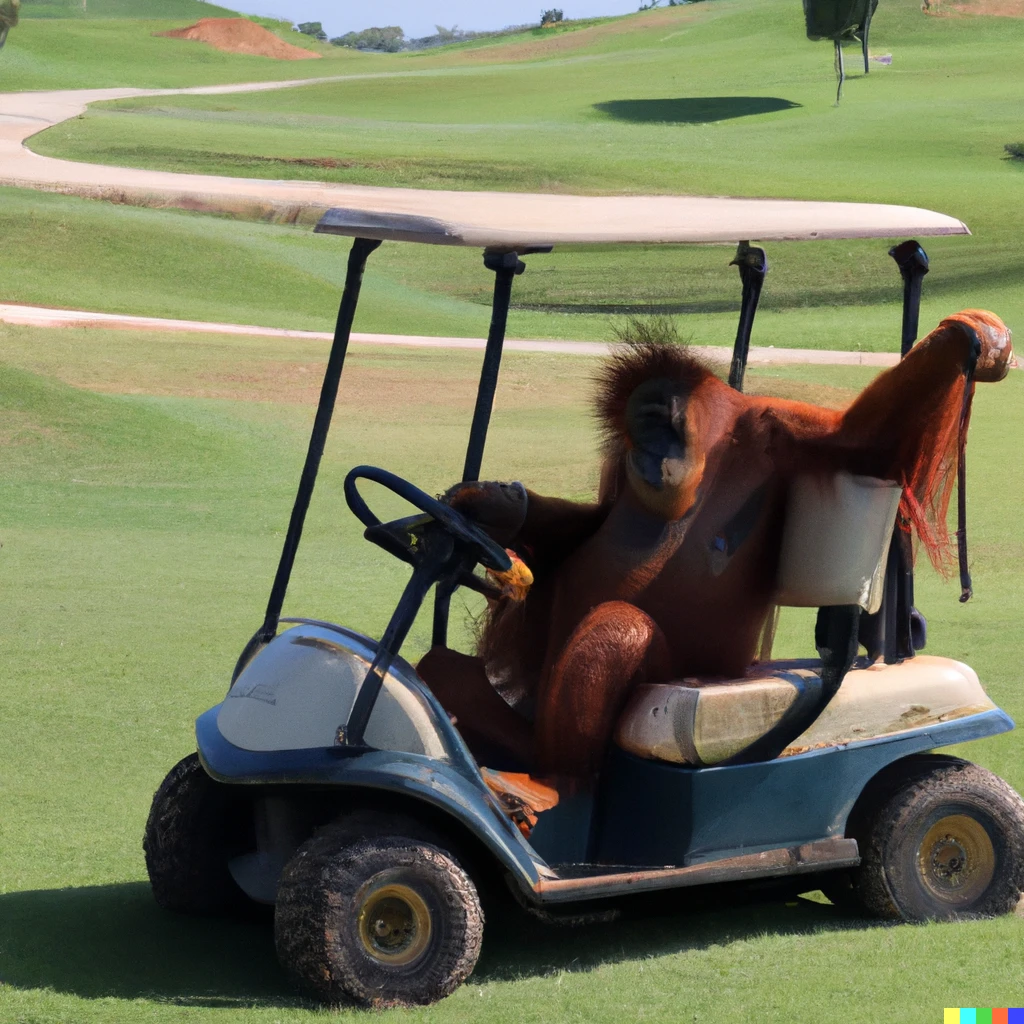 Prompt: orangutan driving a buggy in a golf field