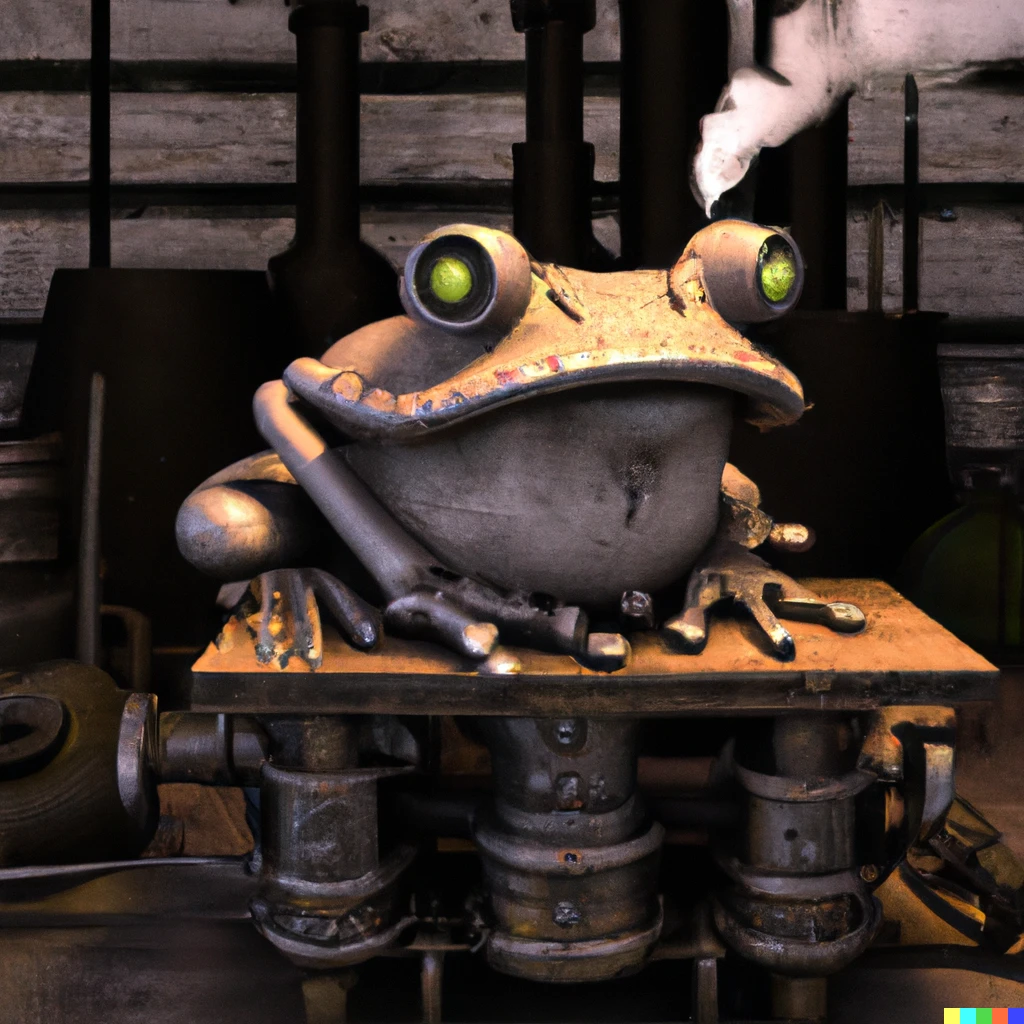 Prompt: A 3D render of a iron toad in a steampunk style in a workshop