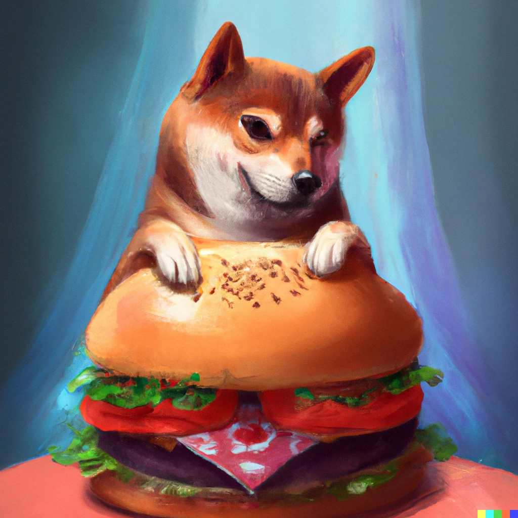 Prompt: a fortune-telling shiba inu reading your fate in a giant hamburger, digital art