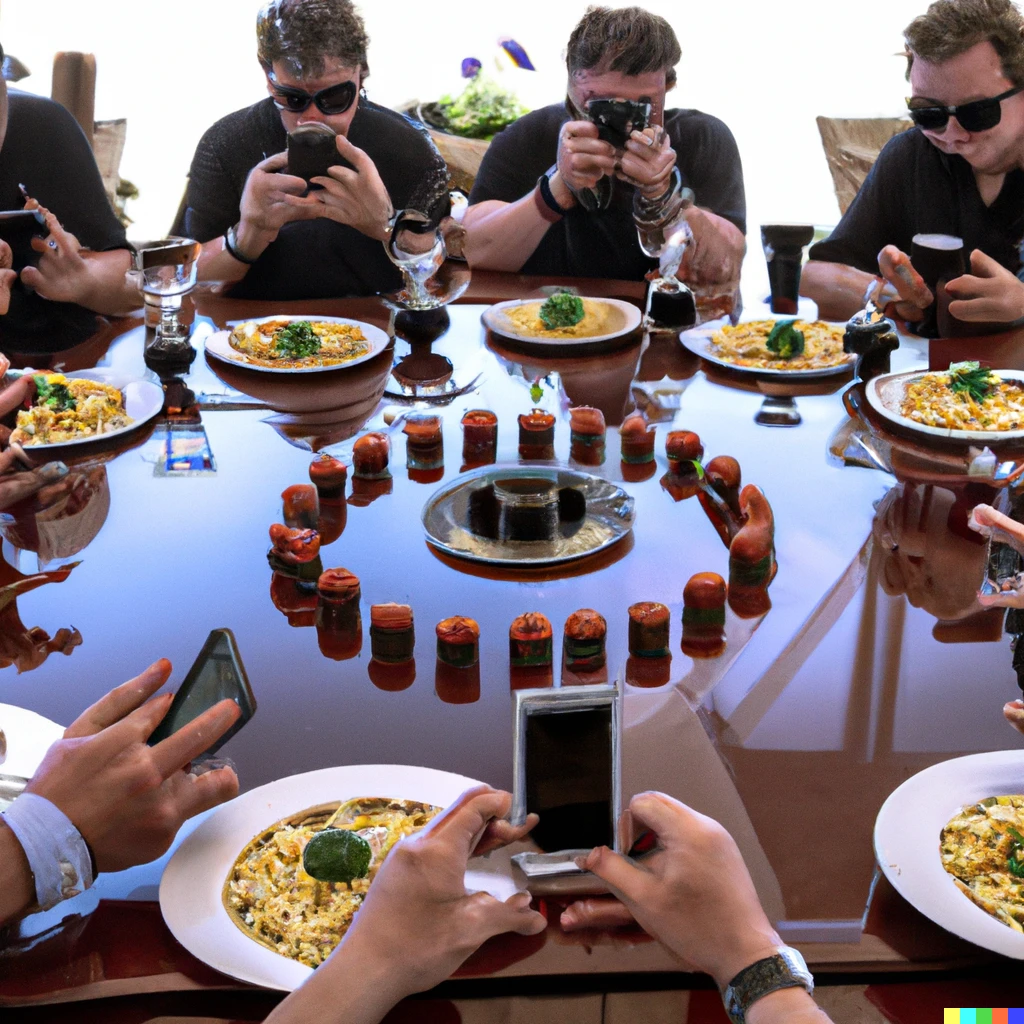 Prompt: Six men in black, wearing sunglasses, are at a round table, photographing the food in the center with their iPhones.