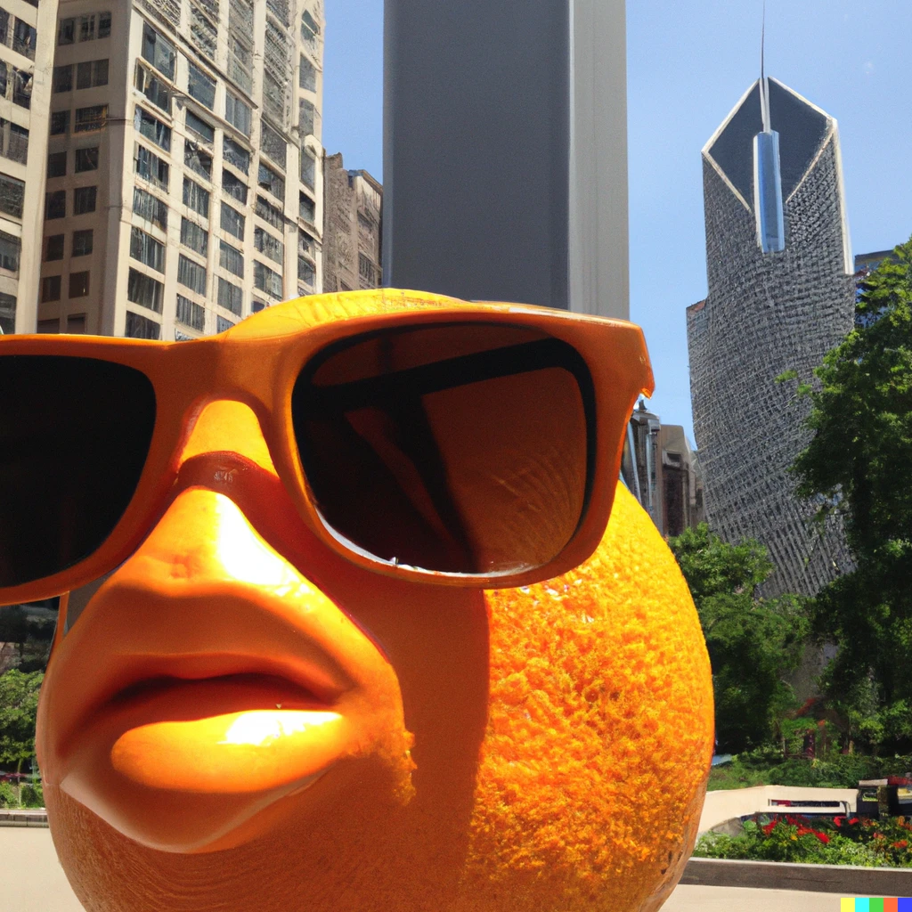 Prompt: a giant orange with sunglasses in middle of Chicago