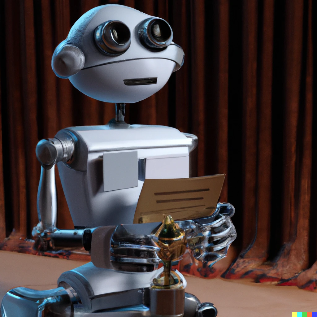 Prompt: a nervous robot giving an acceptance speech after winning an oscar, digital art