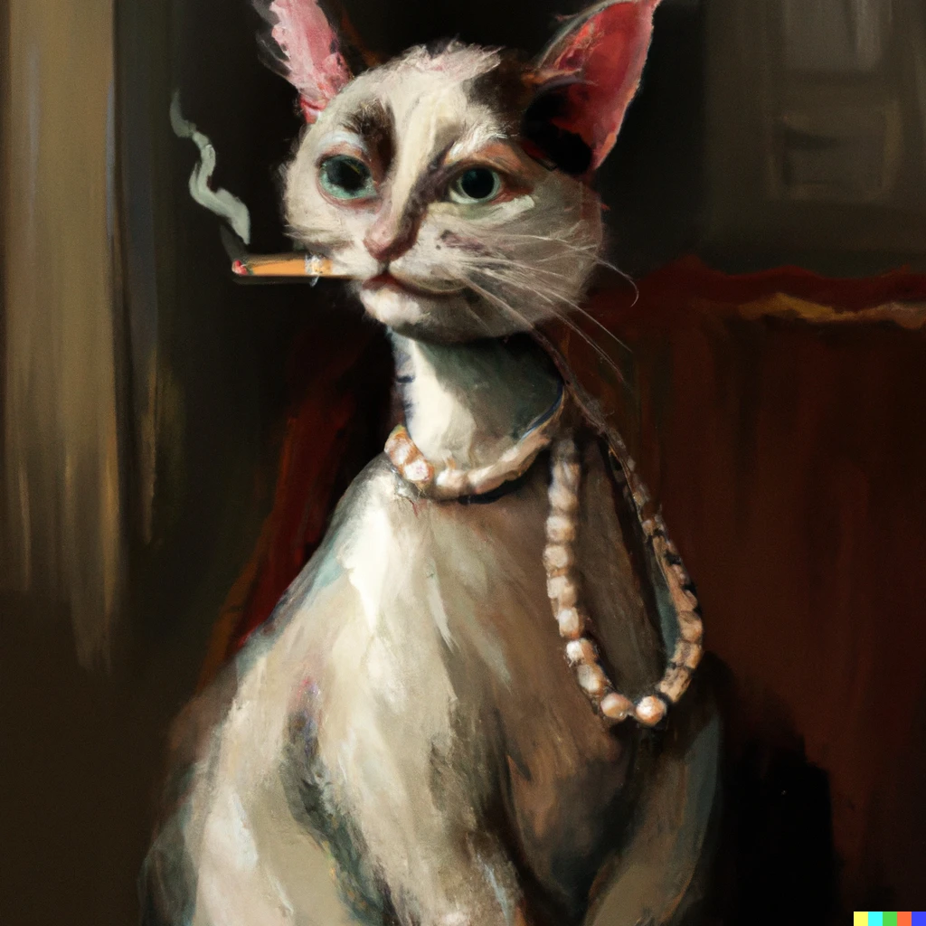 Prompt: Cat with a pearl necklace and cigarette in the style of Johannes Vermeer