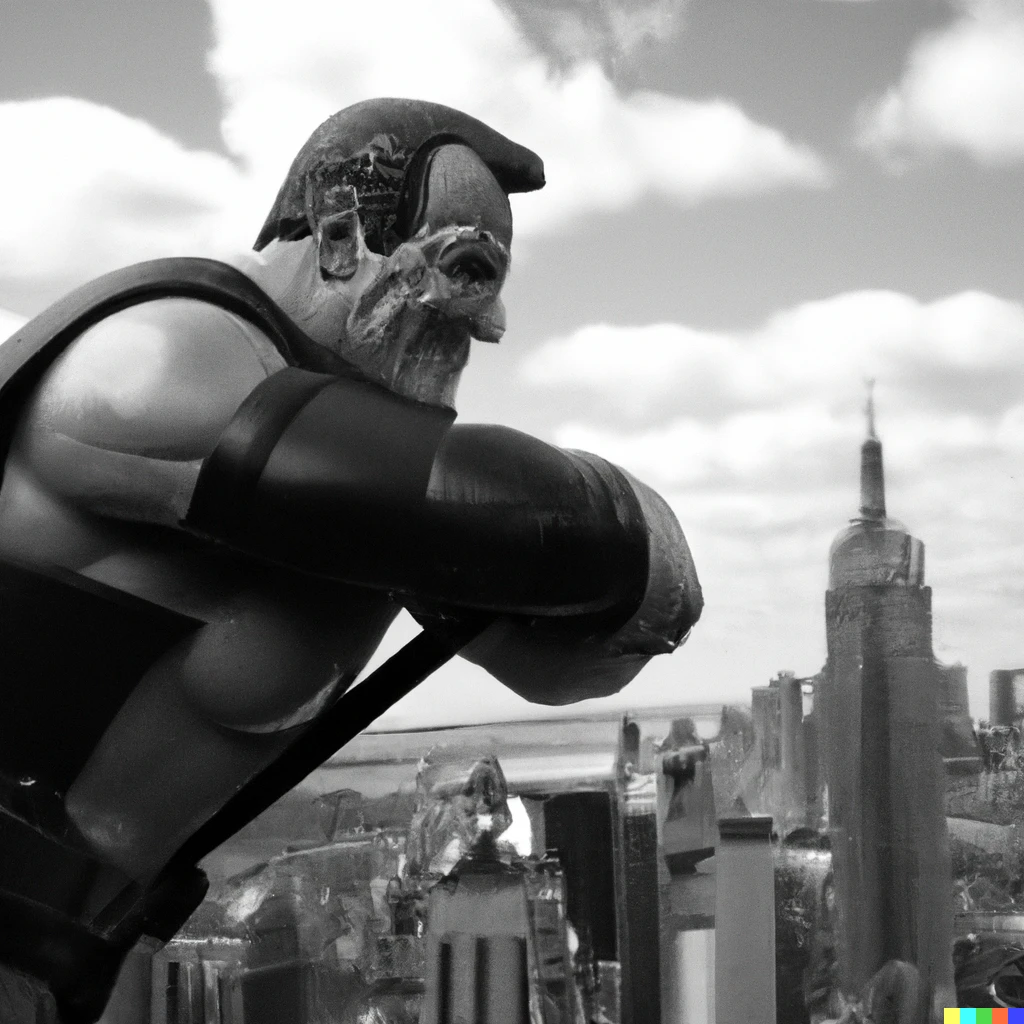 Prompt: black and white photo of robin williams as superman holding on to the empire state building  created at modern world in 4k ultra high resolution