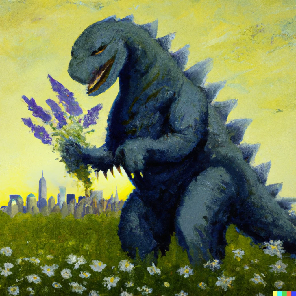 Prompt: Godzilla picking wildflowers with new york city skyline in the distance