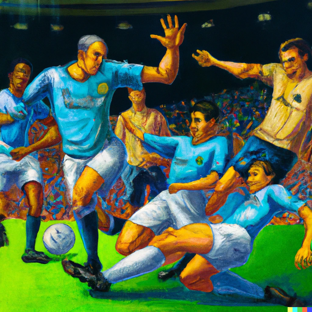 Prompt: A renaissance painting of Manchester City scoring a goal on the etihad pitch