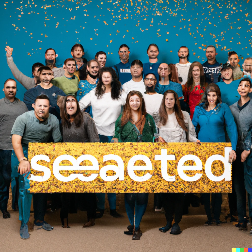Prompt: a startup team of 15 people posing in a picture to celebrate their closing of the seed round after exiting from a stealth mode