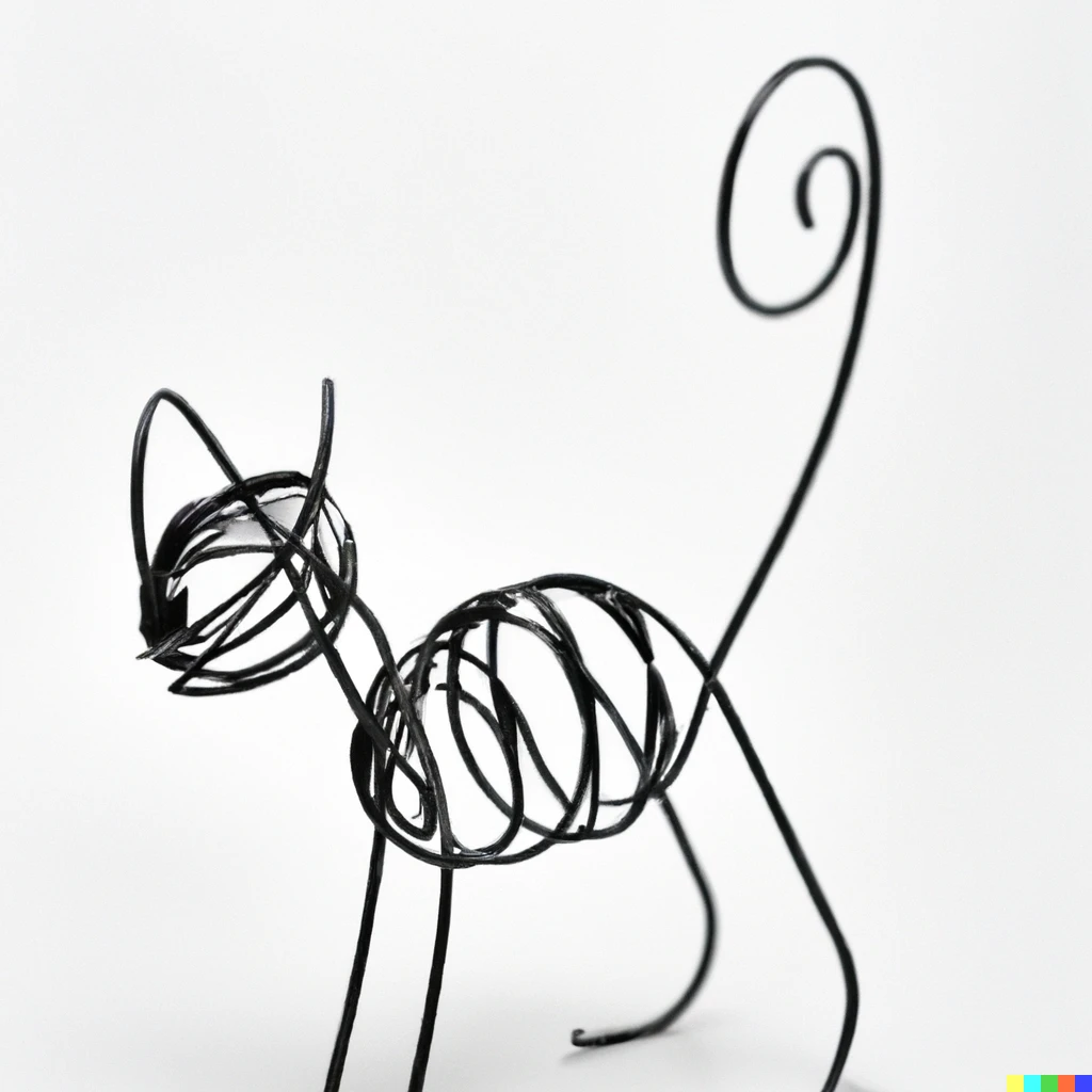 Prompt: studio shot of minimal kinetic sculpture made from thin wire shaped like a cat on white background