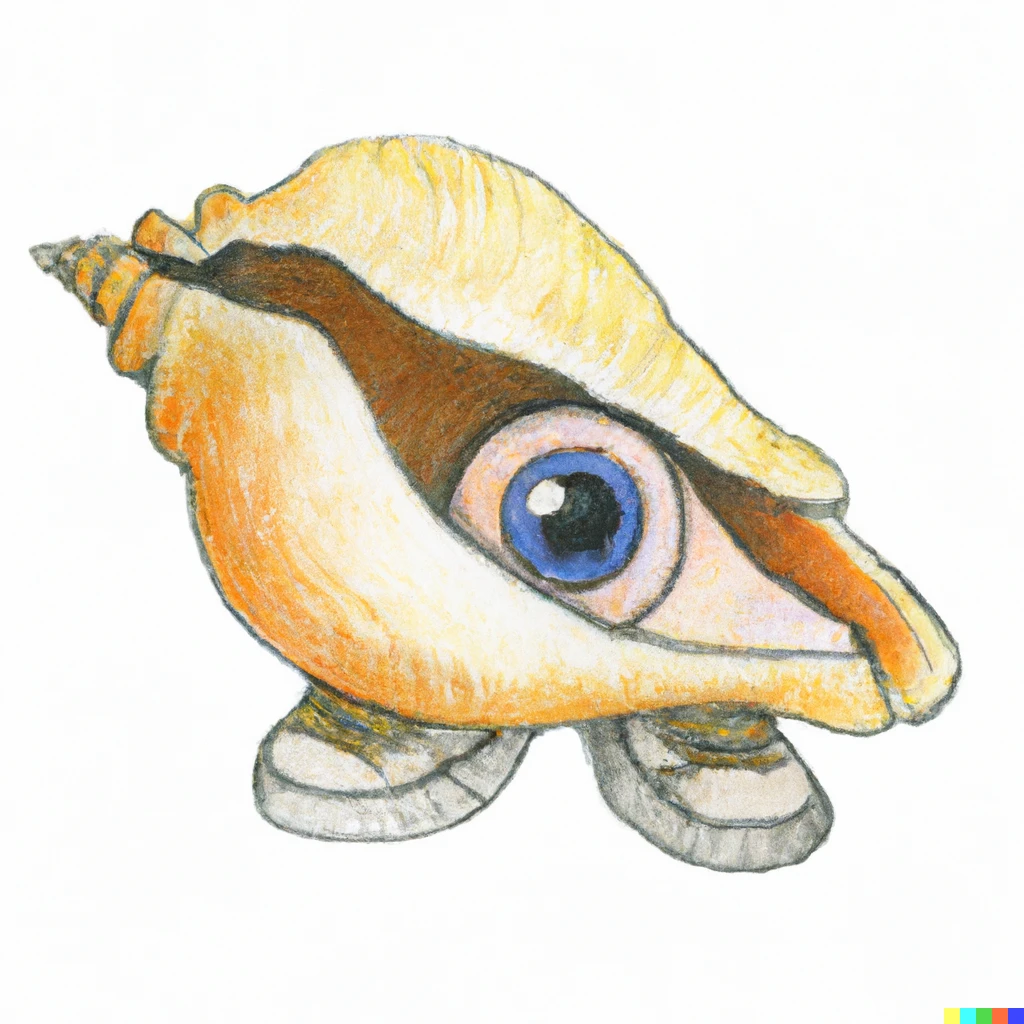 Prompt: A pencil and watercolor drawing of an adorable one-inch-tall seashell with a single googly eye on the right side of his head, clad only in a pair of small sneakers.