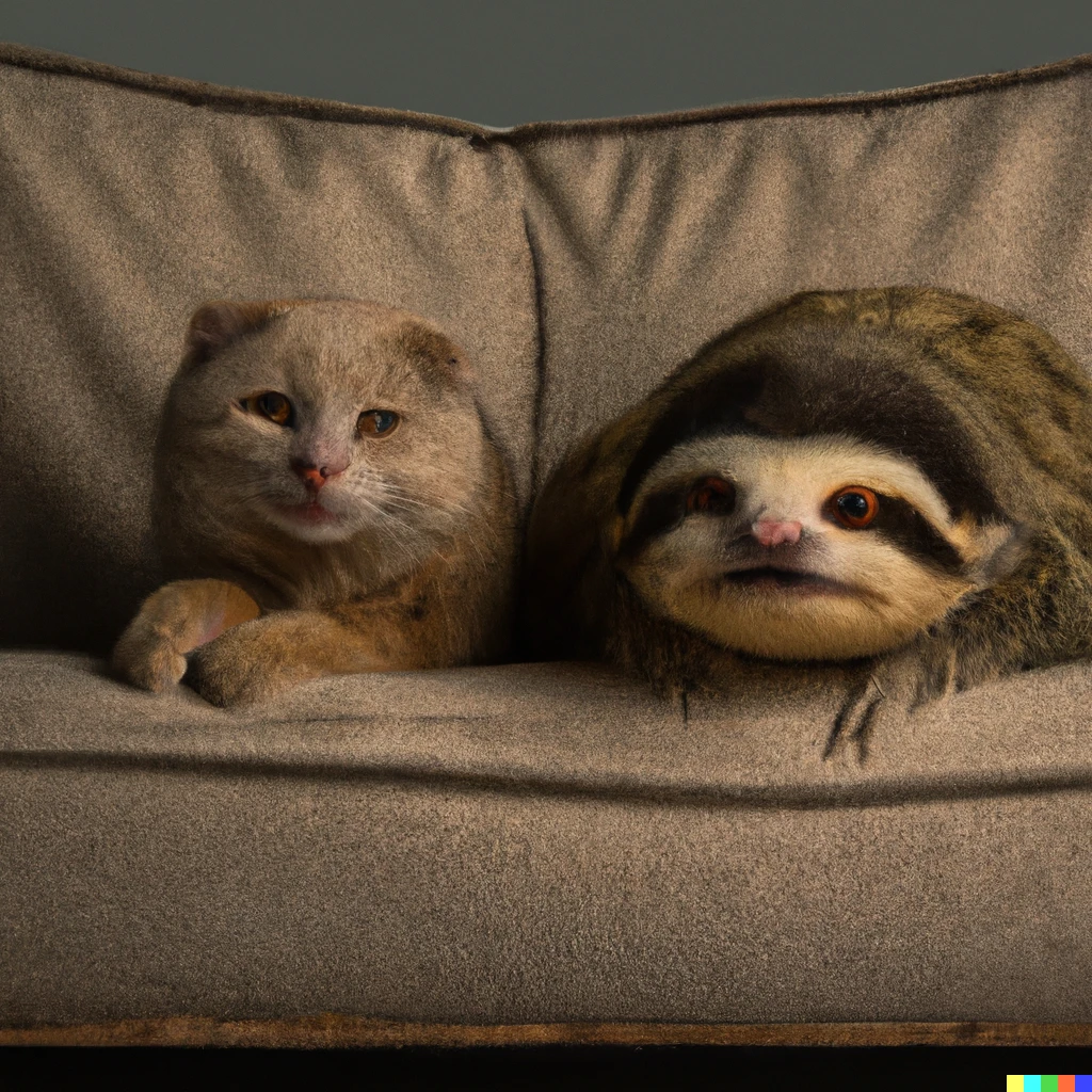 Prompt: High quality photograph of a sloth and a cat sitting on a couch together.  Sloth. Cat
Award winning nature photographer. Studio lighting. 8k. portrait lens. Ultrarealistic