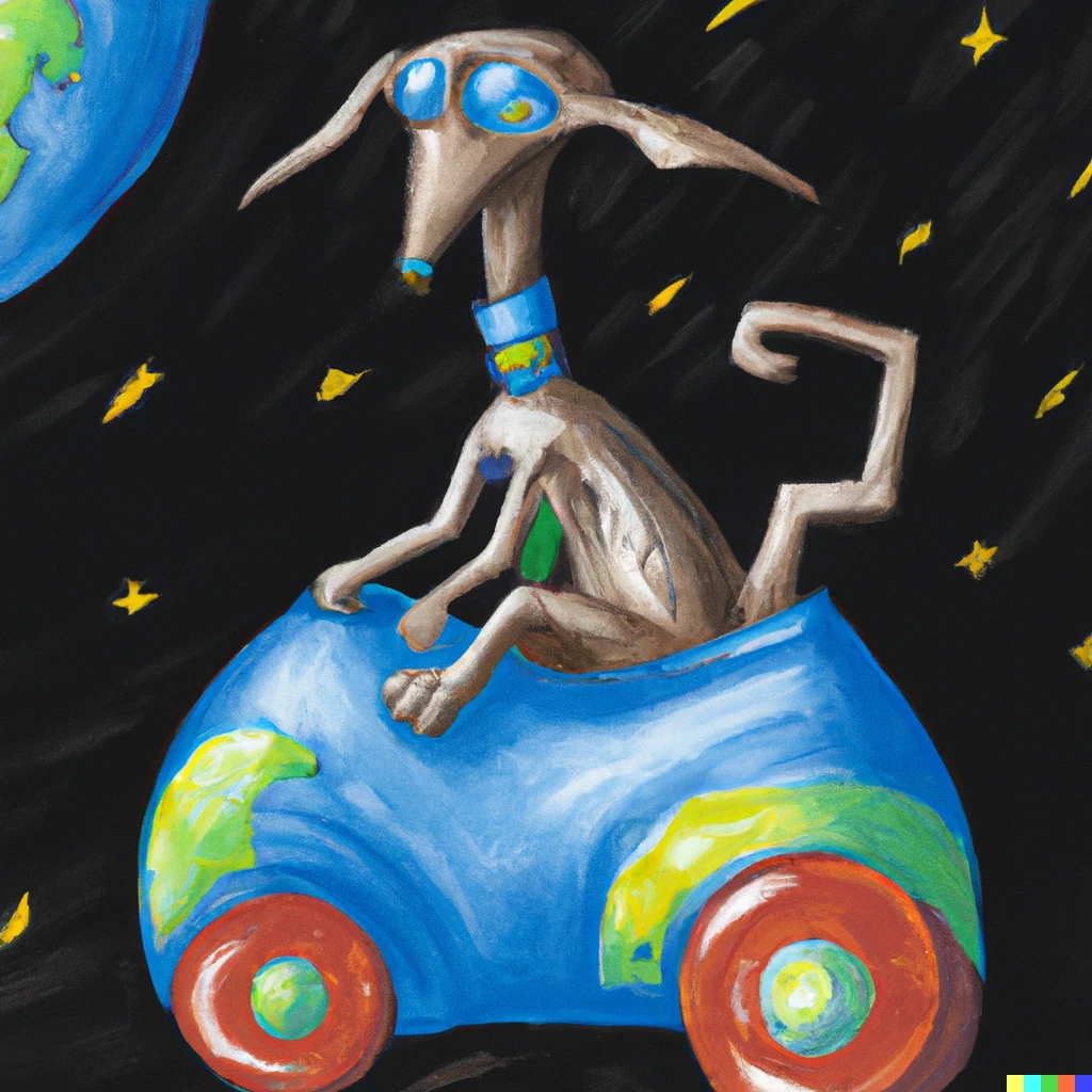 Prompt: A picture of a dog riding on a toy car in space with the earth behind him, picasso, cubism