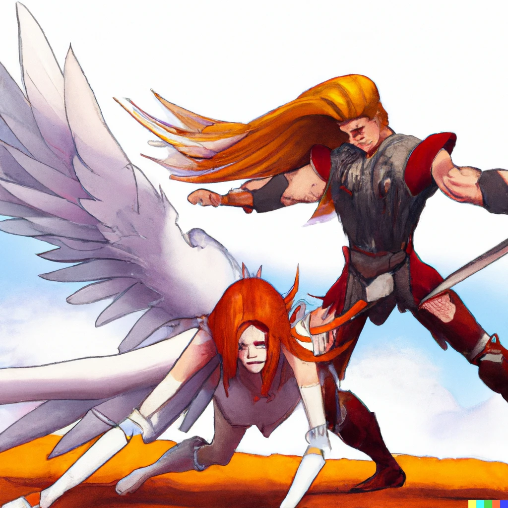 Prompt: a ridiculously buff redhead angel beating up Final Fantasy Sephiroth in an epic anime fight