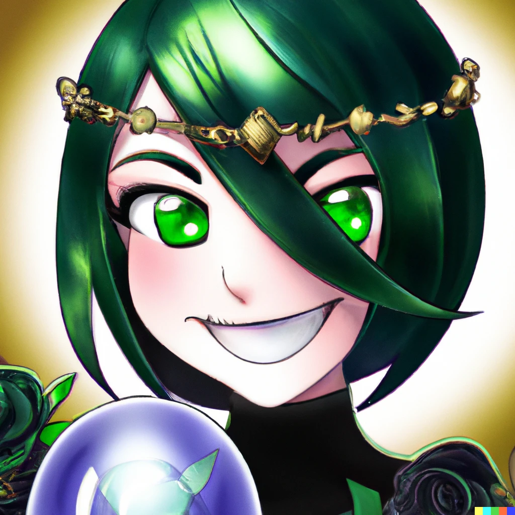Prompt: manga portrait of smiling anime ninja girl, wearing a crown of green glass roses, smirking, holding a glowing ornate orb