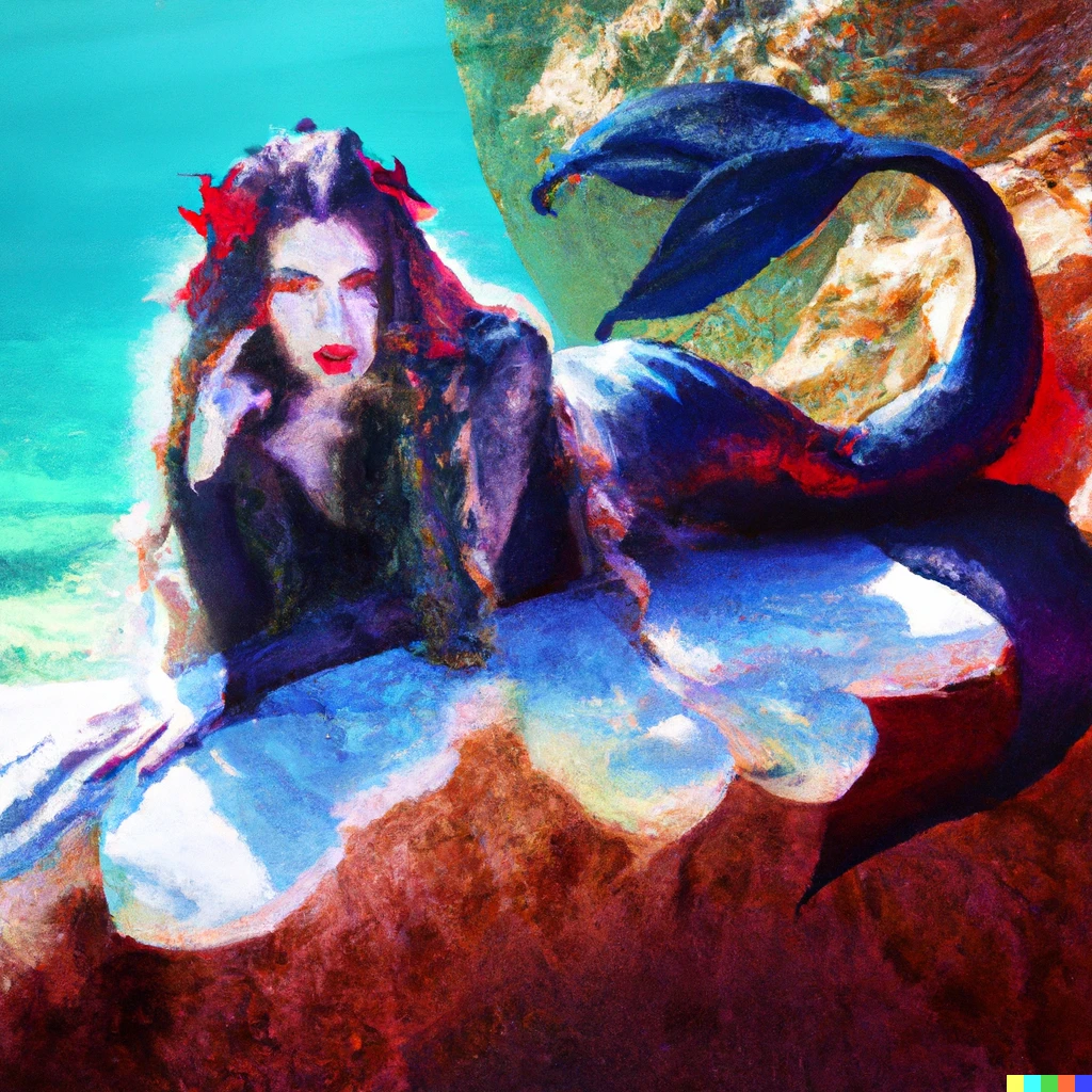 Prompt: photo of a gorgeous vampire mermaid lounging on a coral underwater in sunlight