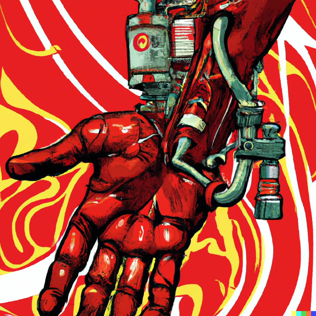 Prompt: A red prosthetic right arm with an integrated fuel tank and fire iconography all over it, graphic novel style