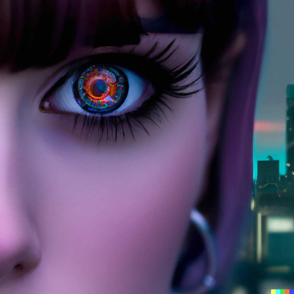 Prompt: A close up shot of a girl with silicone eyes standing in a dystopian cyberpunk world.