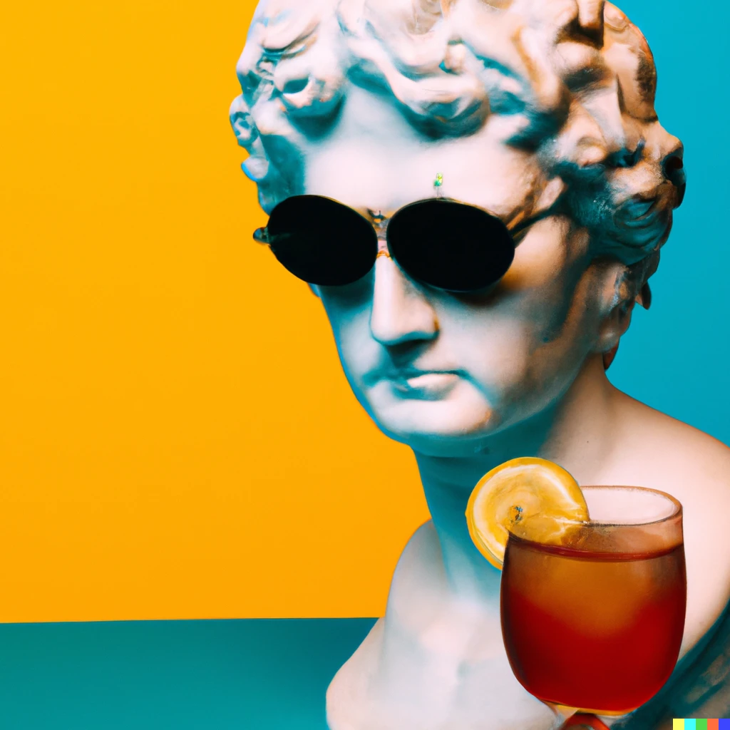 Prompt: Photo of Michelangelo's David wearing sunglasses and drinking cocktails.