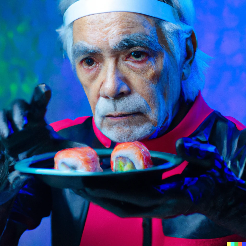 Prompt: Cyberpunk Sushi Chef old man