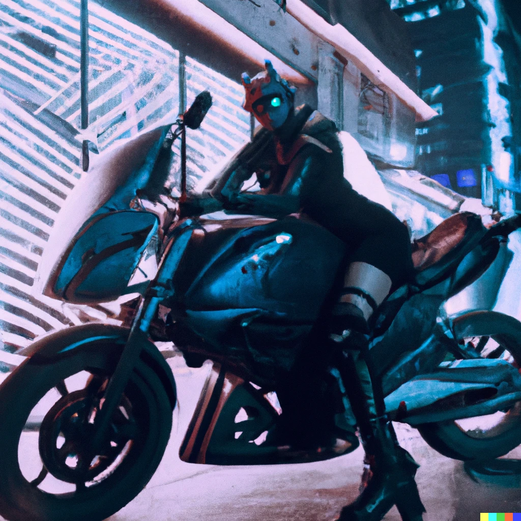 Prompt: Photo of cyber woman wearing a helmet straddling a Kawasaki motorcycle in Tokyo, cyberpunk