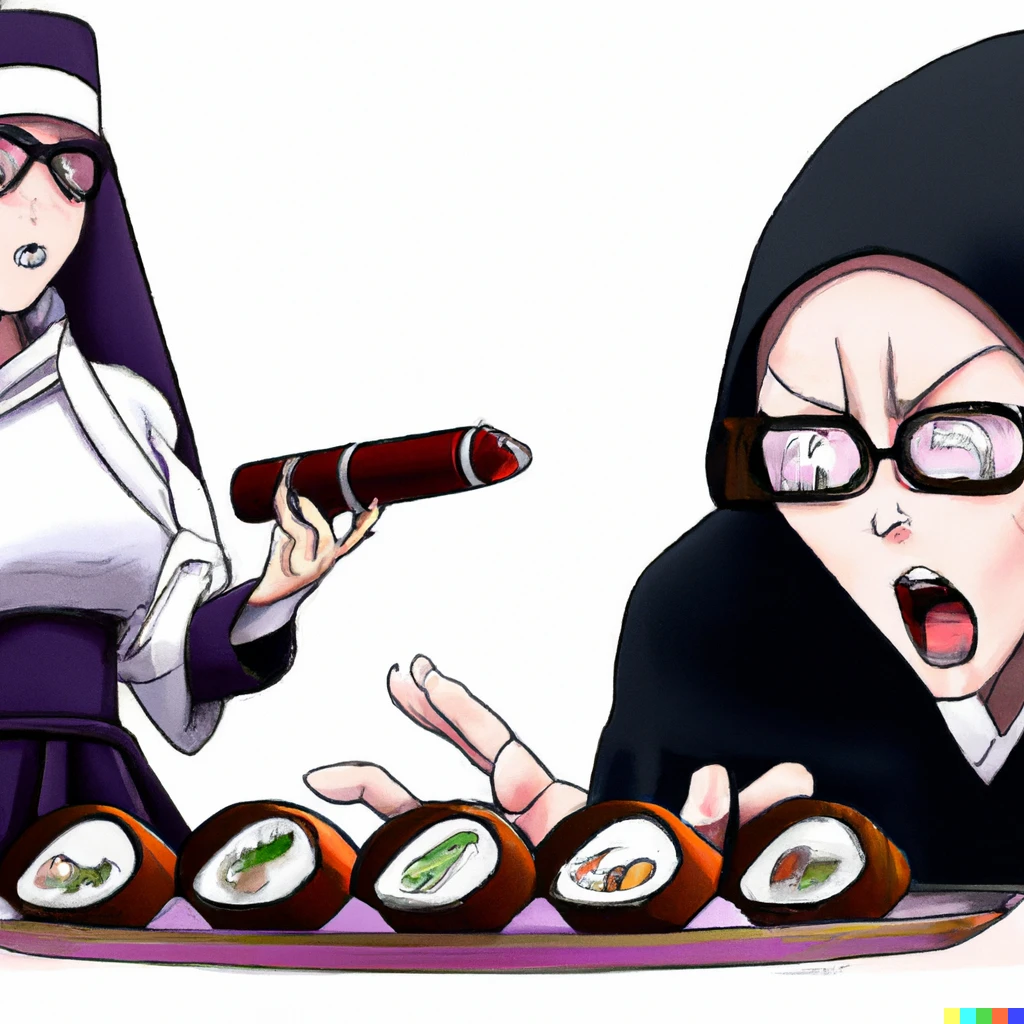 Prompt: Manga in which a vampire hunter nun wearing rimless glasses shoots nigiri sushi and fights.