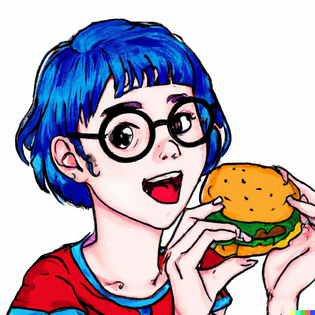 Prompt: Nerdy cute girl with blue short hair and red frame glasses holding a hamburger in her hand, manga