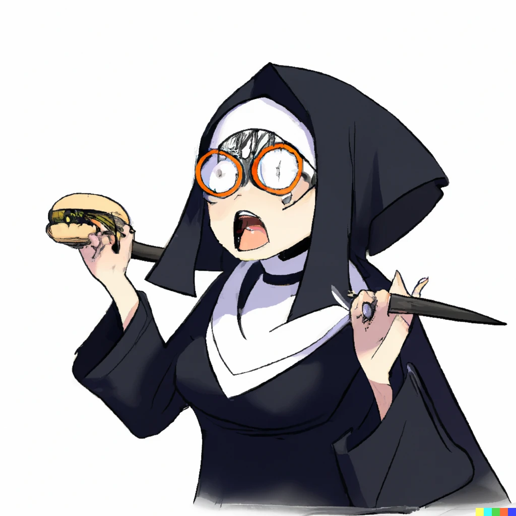 Prompt: Vampire hunter, a nun with under-rimmed glasses who fights with tsuna sushi, manga