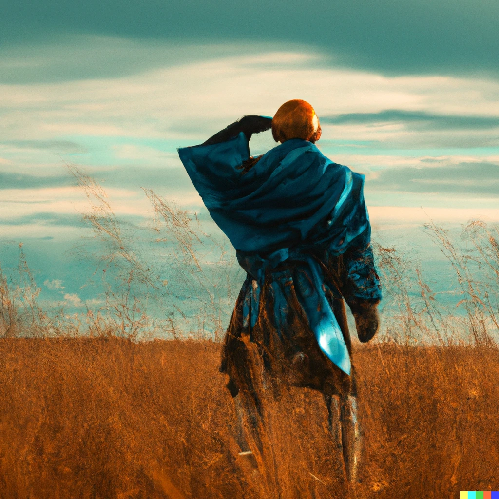 Prompt: Put on that blue robe and descend into the golden field, cyberpunk