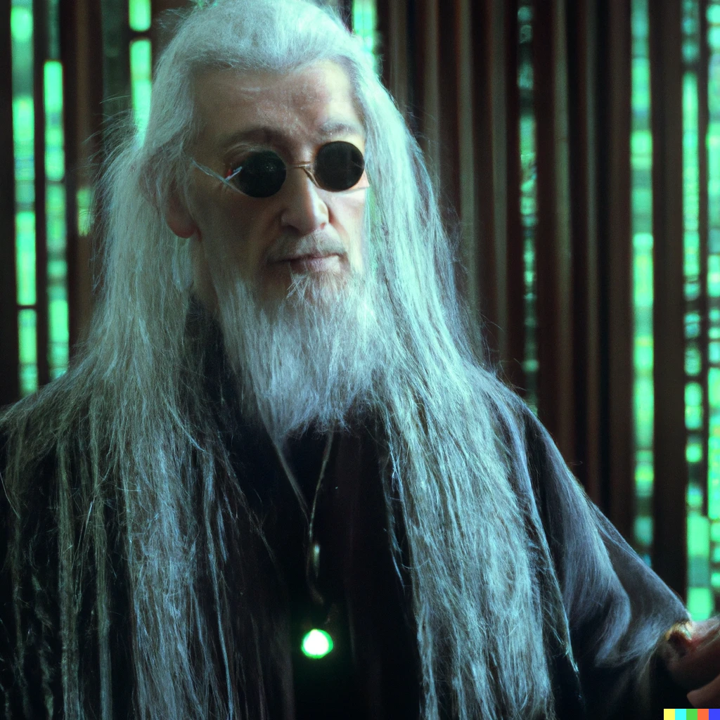 Prompt: A still image of Gandalf in the Matrix (1999)