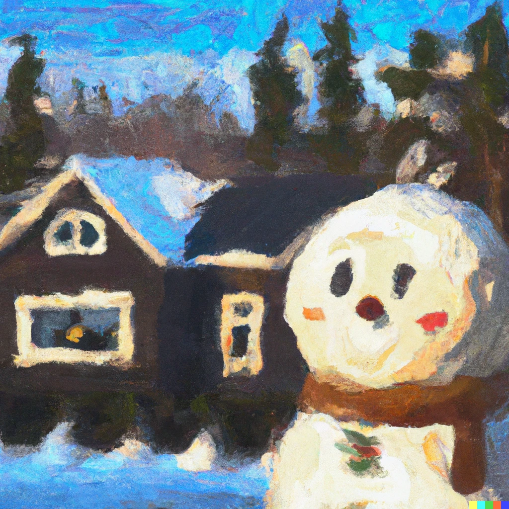 Prompt: Oil painting of snowman with wooden House in the Winter Background 