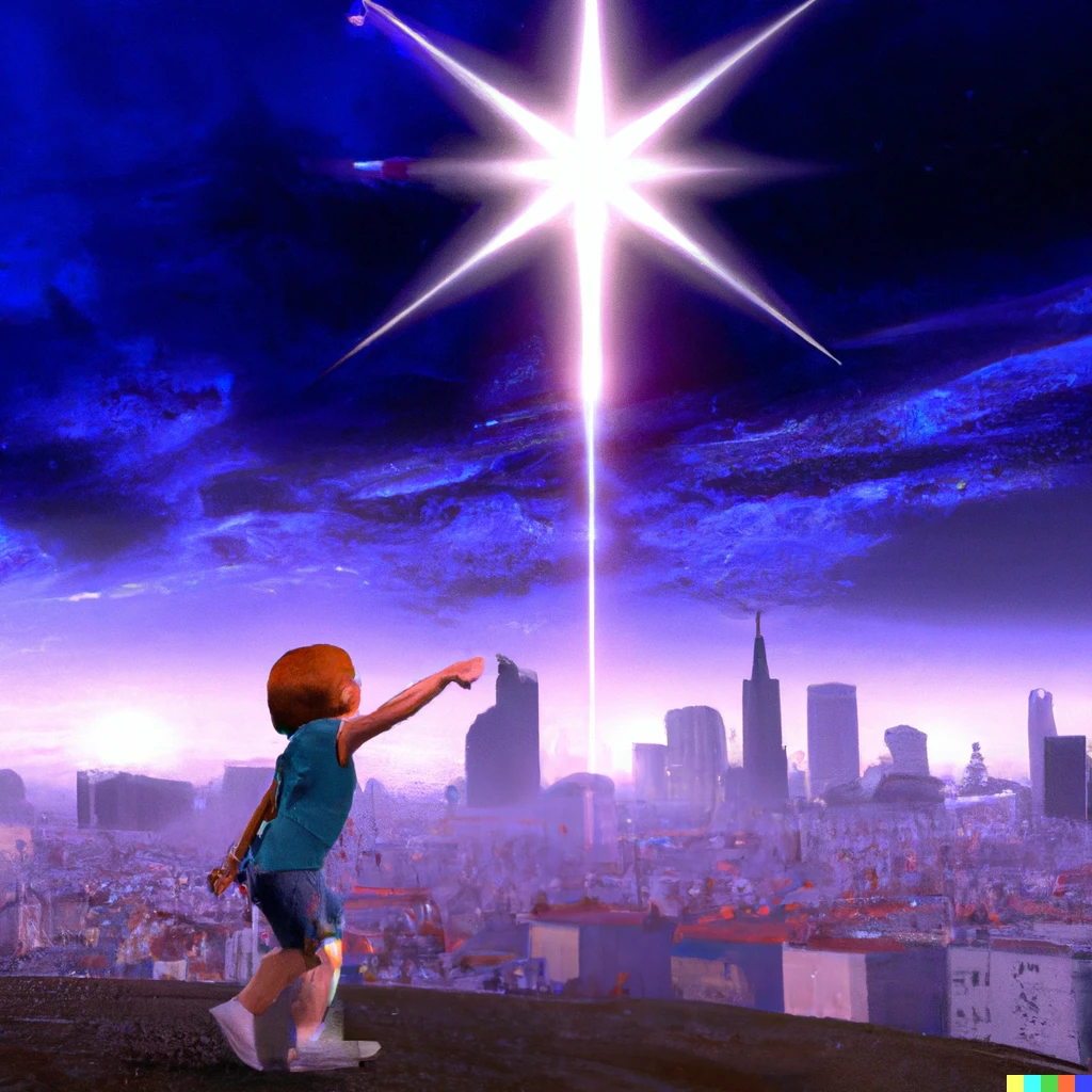 Prompt: a realistic image of a little girl aged 4 catching a star with a large planet on the background and a futuristic city on that planet digital art