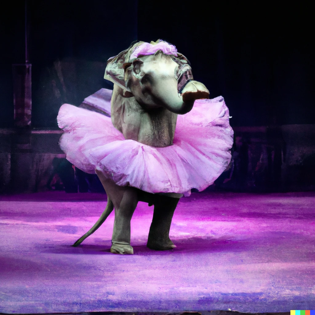 Prompt: photo of elephant in a pink tutu performing ballet before a large audience, in the style of Monet