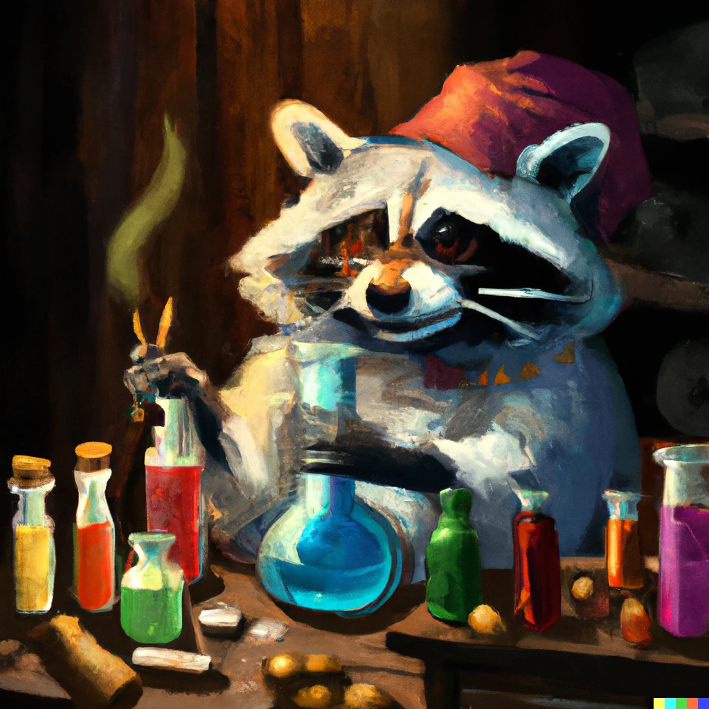 Prompt: A raccoon alchemist making potions of various colours, digital art