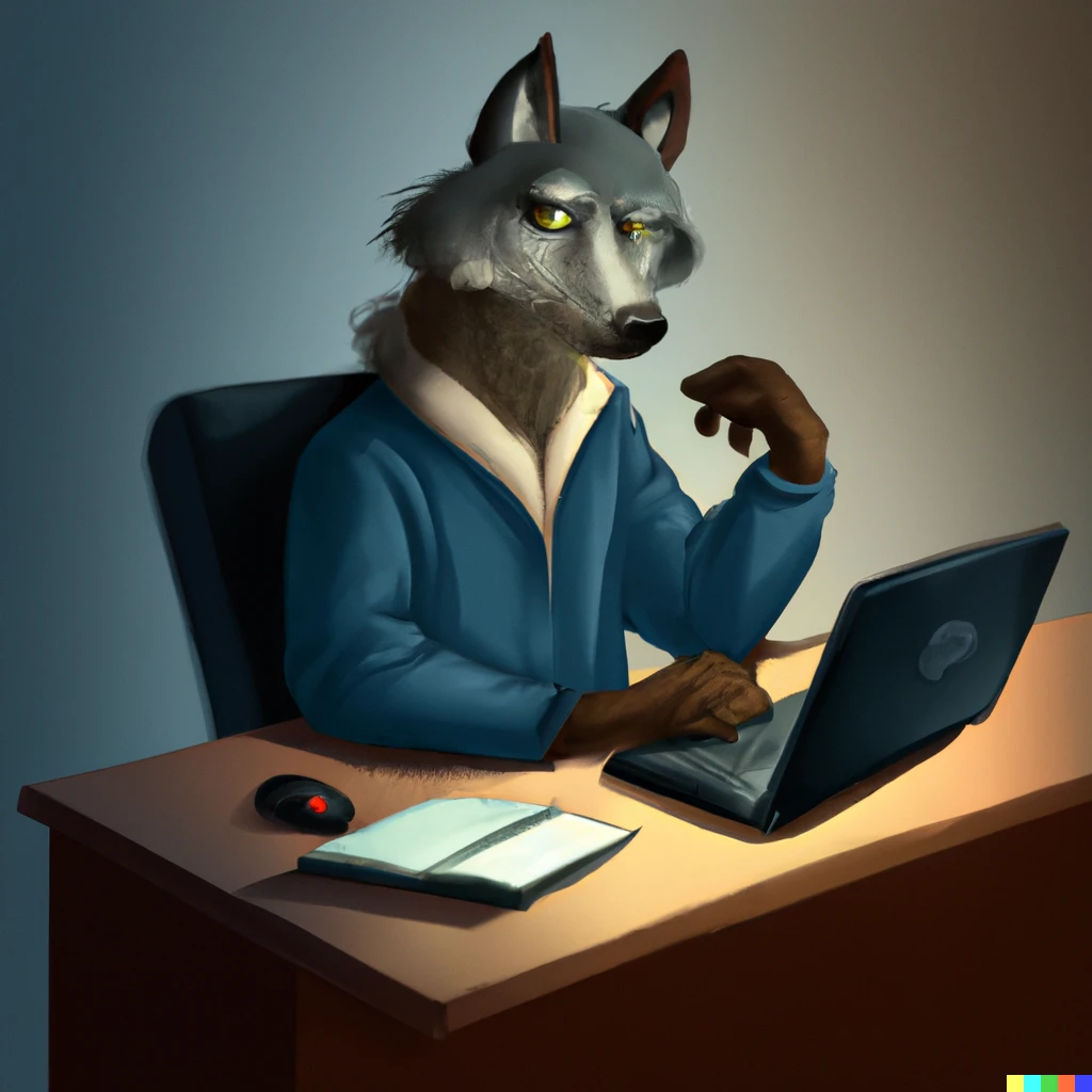 Prompt: A detective wolf, programming in a notebook, digital art