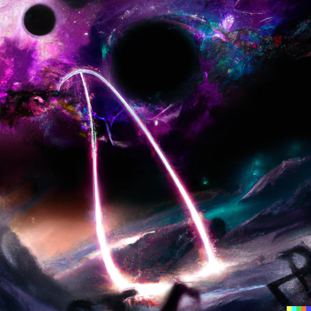 Prompt: Epic digital landscape of a space scene. Two planets in the distance are colliding. Trails of spaceships circle each other signifying a space dogfight. Ethereal space-squids are being attacked by tiny ship lasers. The gate to apocalypse is starting to open and time is running out. 