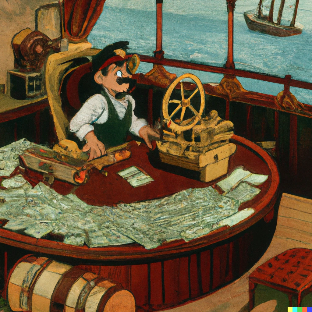 Prompt: 1920's animation cel of a Disney character named Steamboat Willionaire helming the wheel of a steamboat. Canvas sacs of money litter the deck.