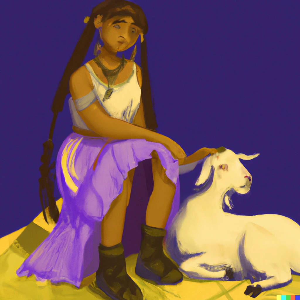 Prompt: She has braids and wears purple and her companion is a goat