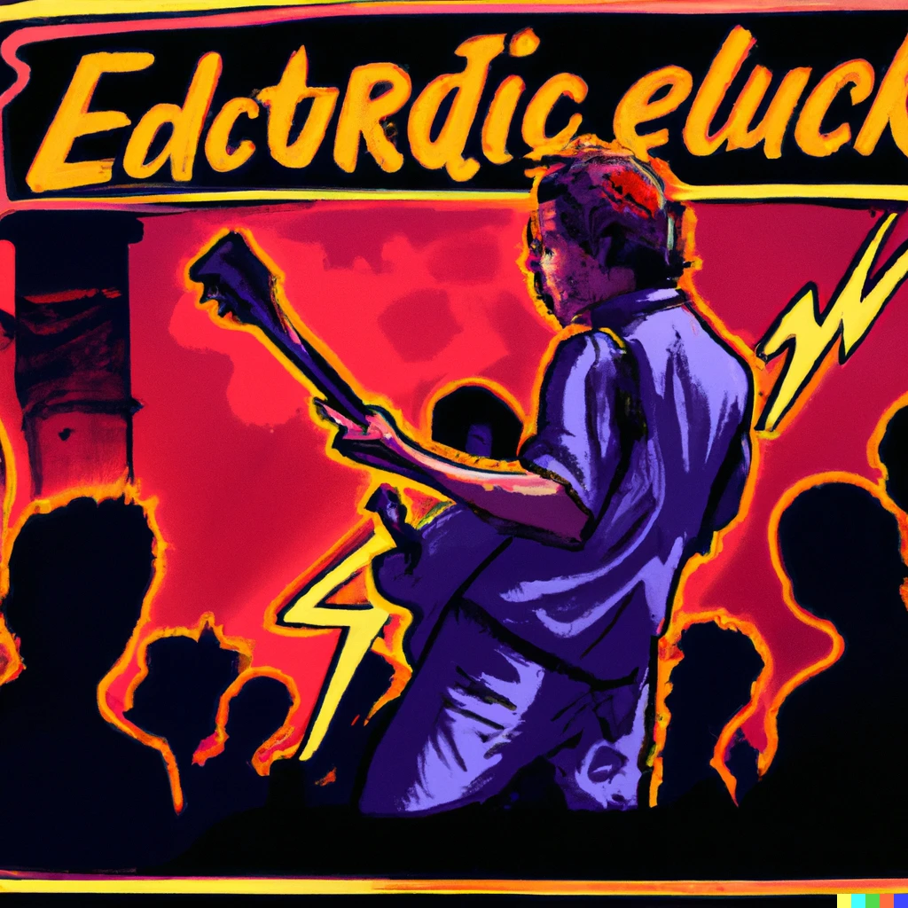 Prompt: A propaganda poster of a man playing the electric guitar on stage with the crowd cheering